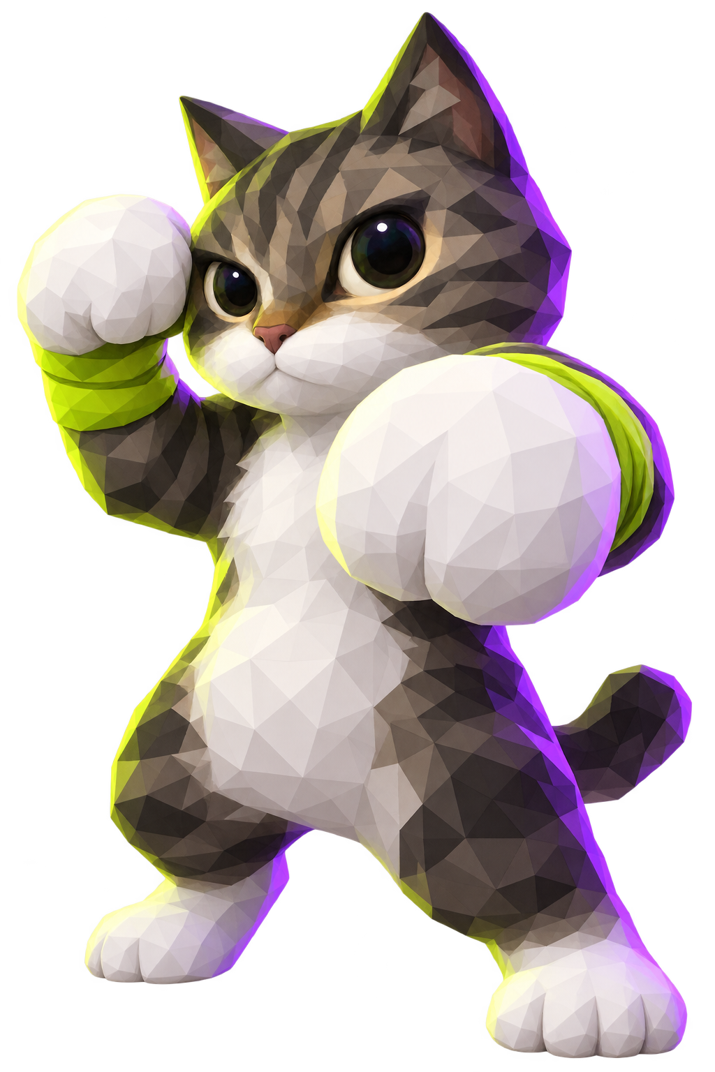 A gray-and-white cat with both paws up